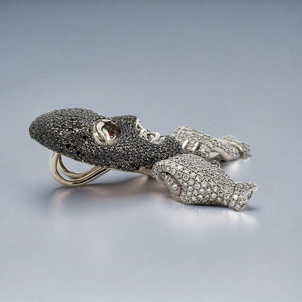 Ski mask face diamond pendant resembling a mask with gemstone details on a gray background