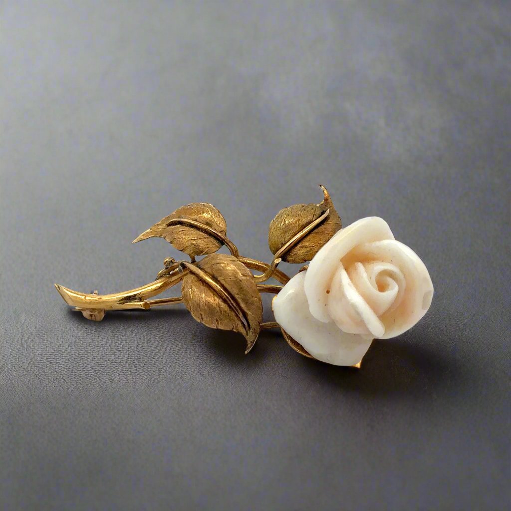 Vintage yellow gold leaf and stem with white rose top