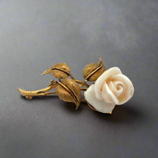 Vintage yellow gold leaf and stem with white rose top