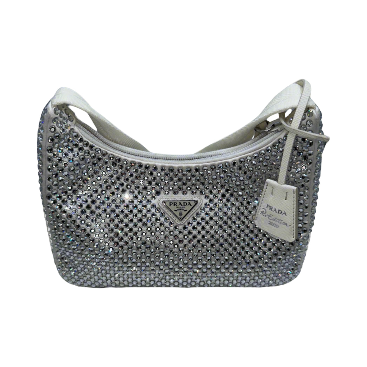 Silver embellished handbag with Prada logo on a white background