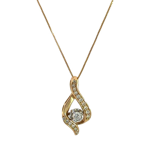 Yellow Gold thin box chain with yellow + white gold diamond pendant with 1 round diamond in the center + 16 small round diamonds on yellow gold in teardrop shape
