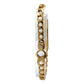 Back of gold bracelet showing clasp with OMS on back of link on white background