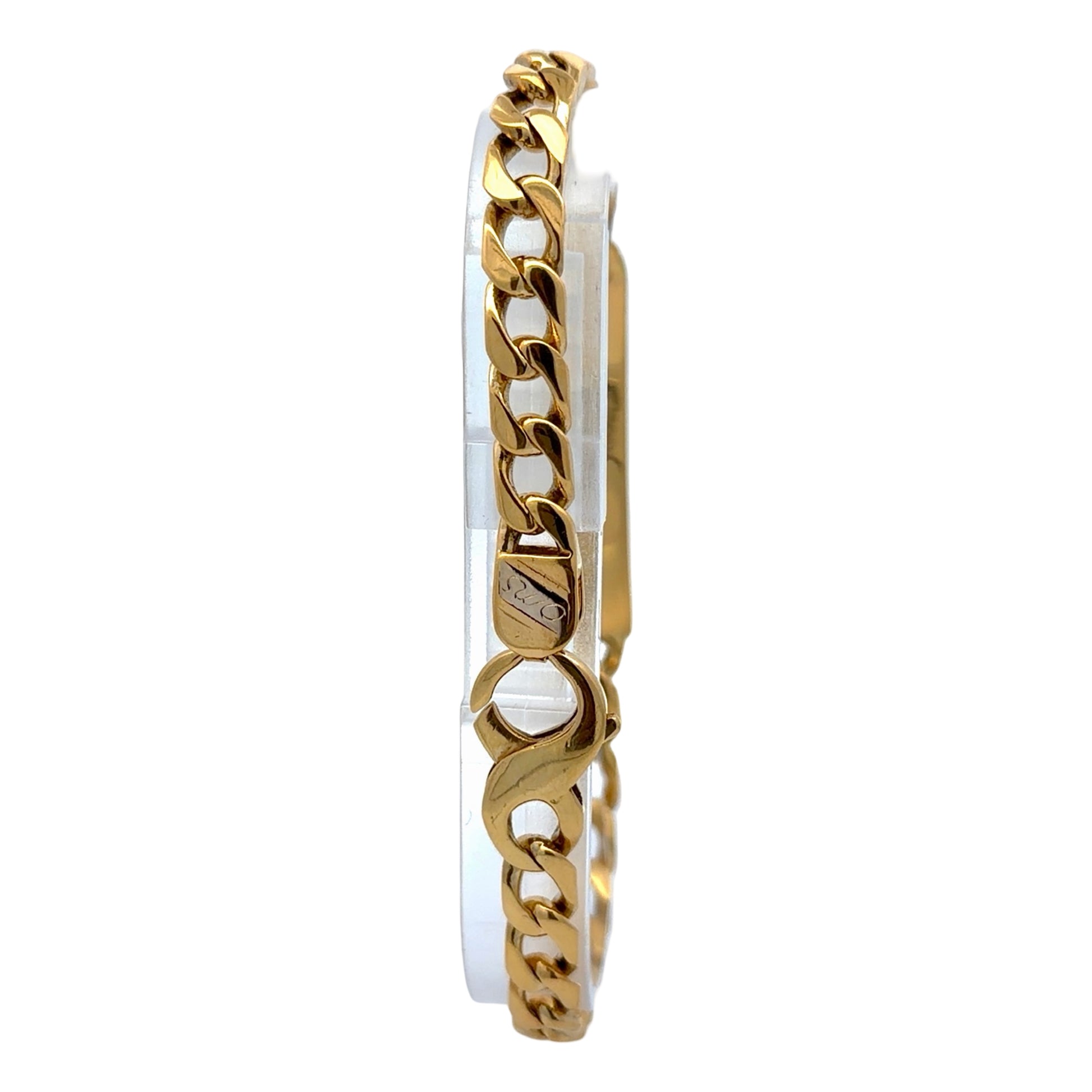 Back of gold bracelet showing clasp with OMS on back of link on white background
