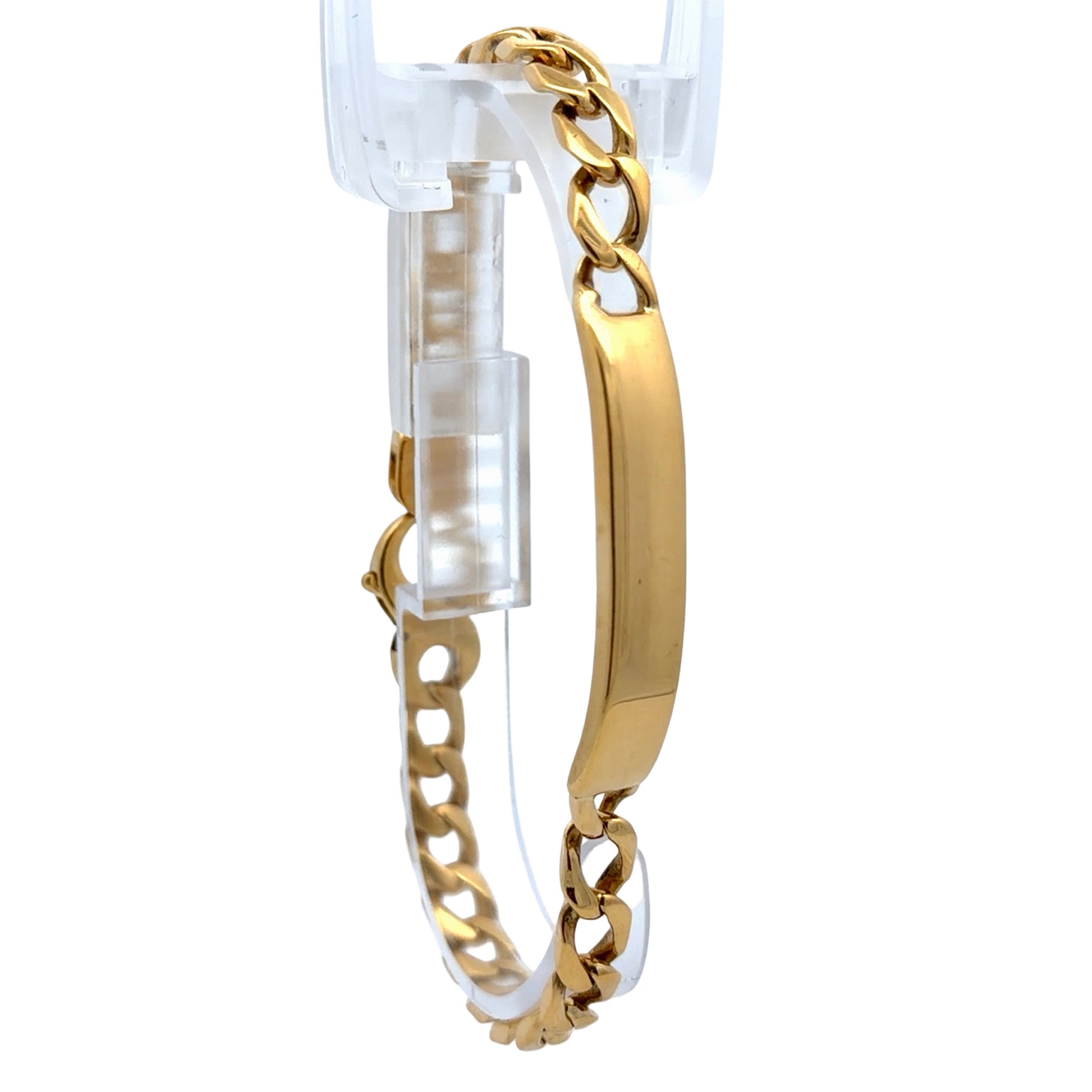 Gold ID bracelet on white background