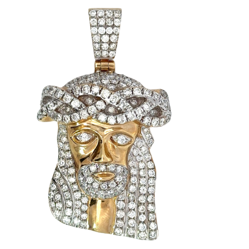 Front of the 10K Diamond Jesus pendant. Diamonds cover the hair, eyes, facial hair, top of the head, and barrel.