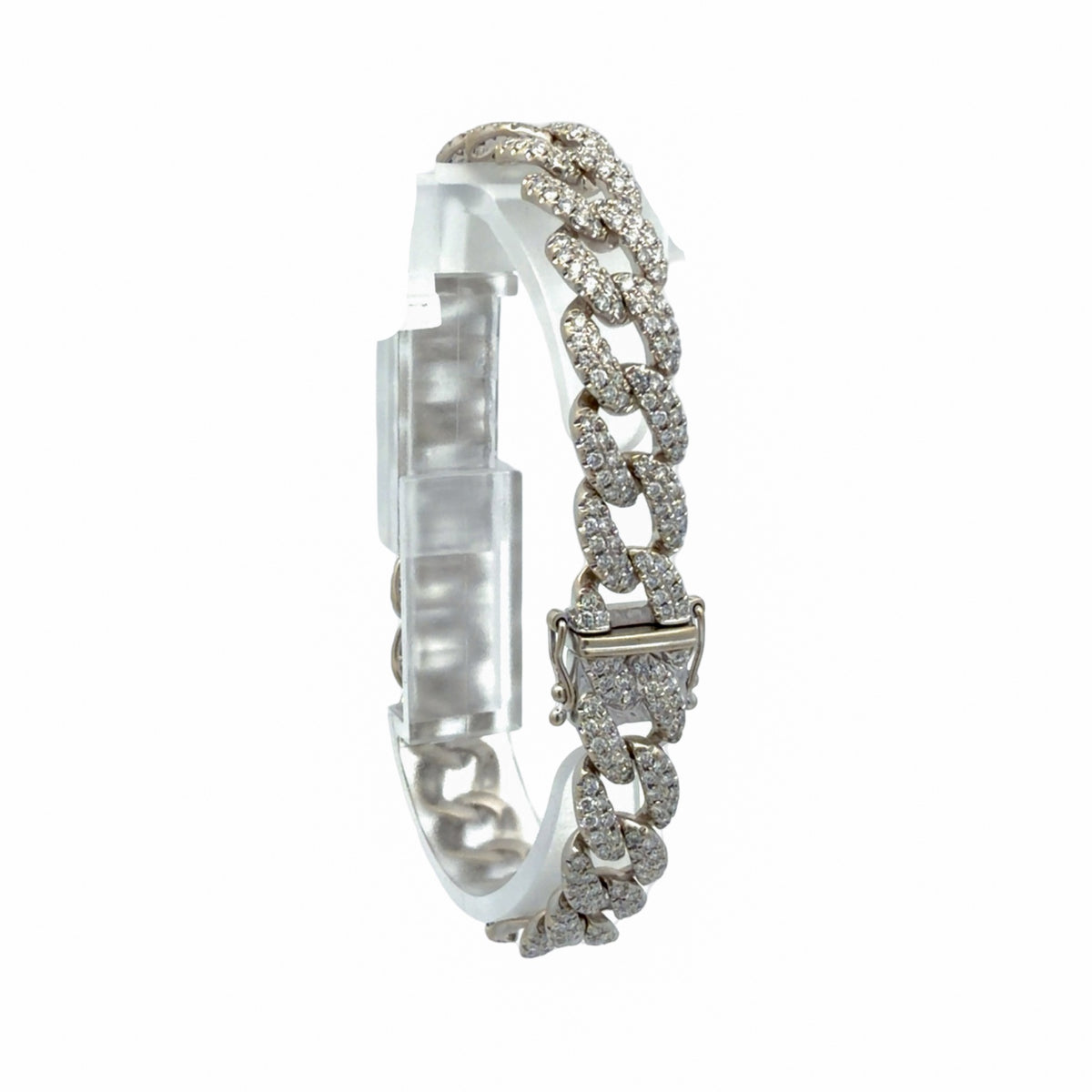 14K white gold natural diamond Cuban link bracelet, front angle