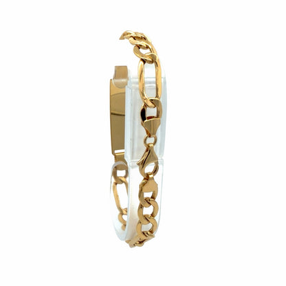 Side view of 14K yellow gold ID bracelet showing chain links and lobster clasp