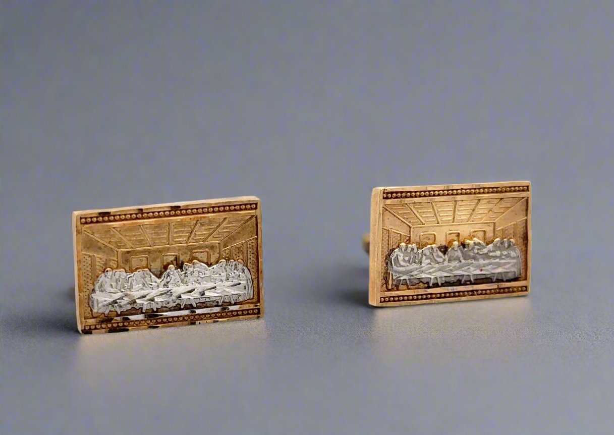 Diagonal view of last supper stud earrings