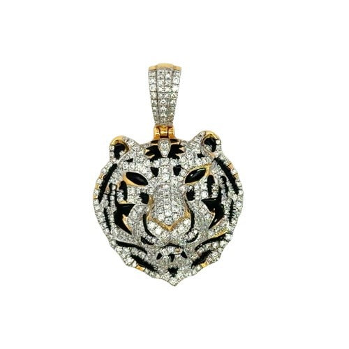 Front of diamond tiger pendant. Diamonds throughout tiger face with black enamel. Diamonds on barrel.