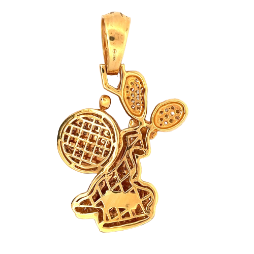 Back of the diamond battery rabbit pendant. Shows 14K stamp and open back. Scratches on back.