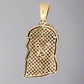 Back of the diamond Jesus pendant. 14K stamp on barrel. Open back, hollow gold. "ag" on back. Light scratches on gold.