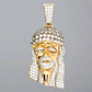 Front of the diamond Jesus pendant. Diamonds cover hair, facial hair, eyes, top of head, and barrel. Light scratches on gold.