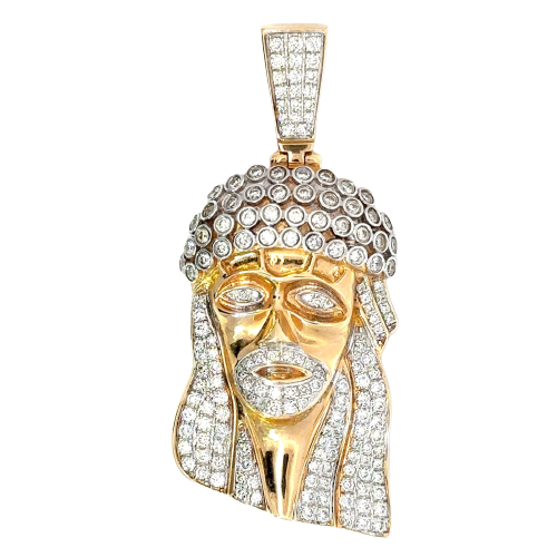 Front of the diamond Jesus pendant. Diamonds cover hair, facial hair, eyes, top of head, and barrel. Light scratches on gold.