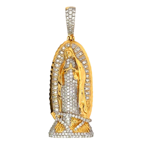 Front of Diamond Virgin Mary pendant. Diamonds on virgin Mary, diamonds around her, diamonds on the bottom, and diamonds on the barrel.