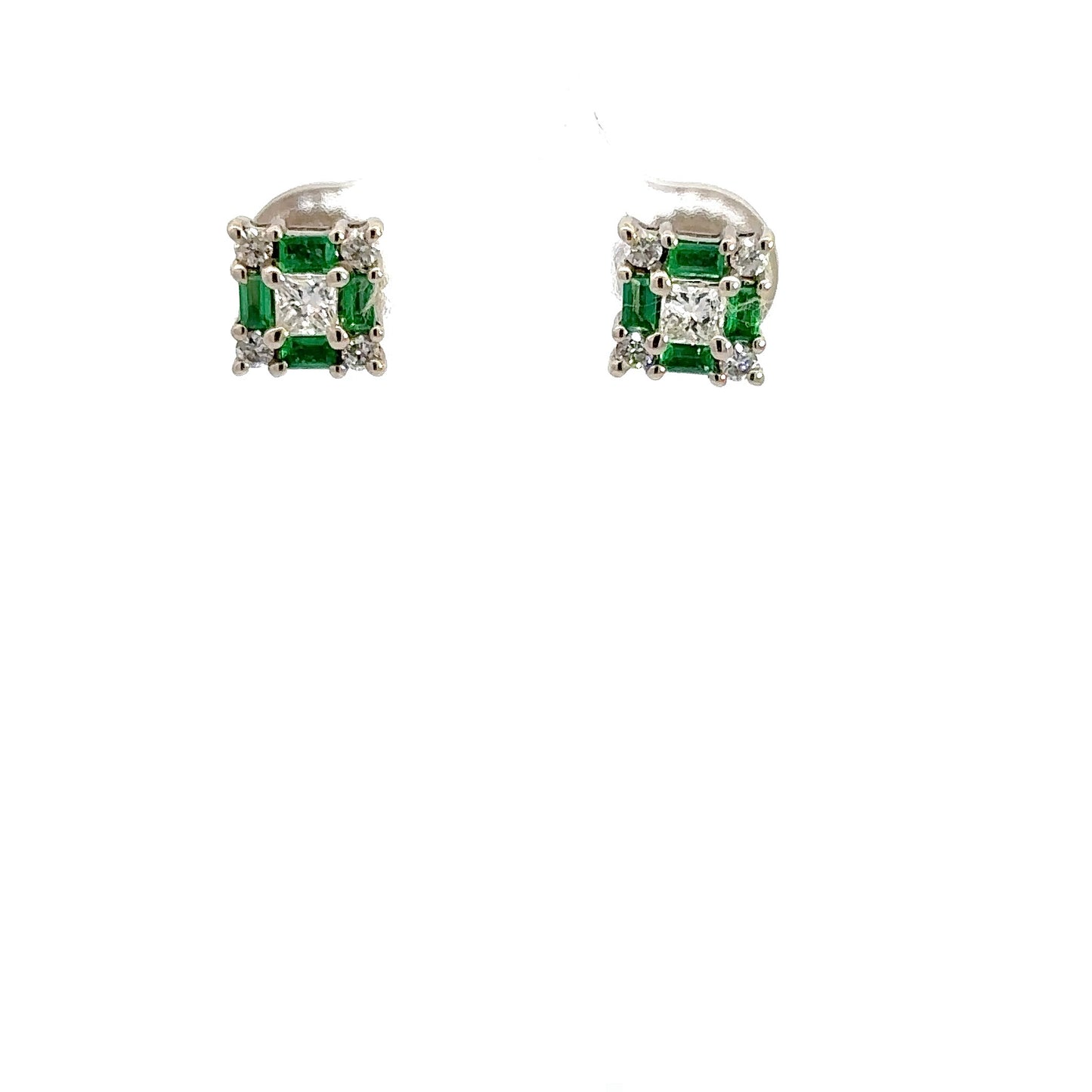 Front of diamond + emerald square earrings with 5 round diamonds + 4 emerald cut emerald gemstones each