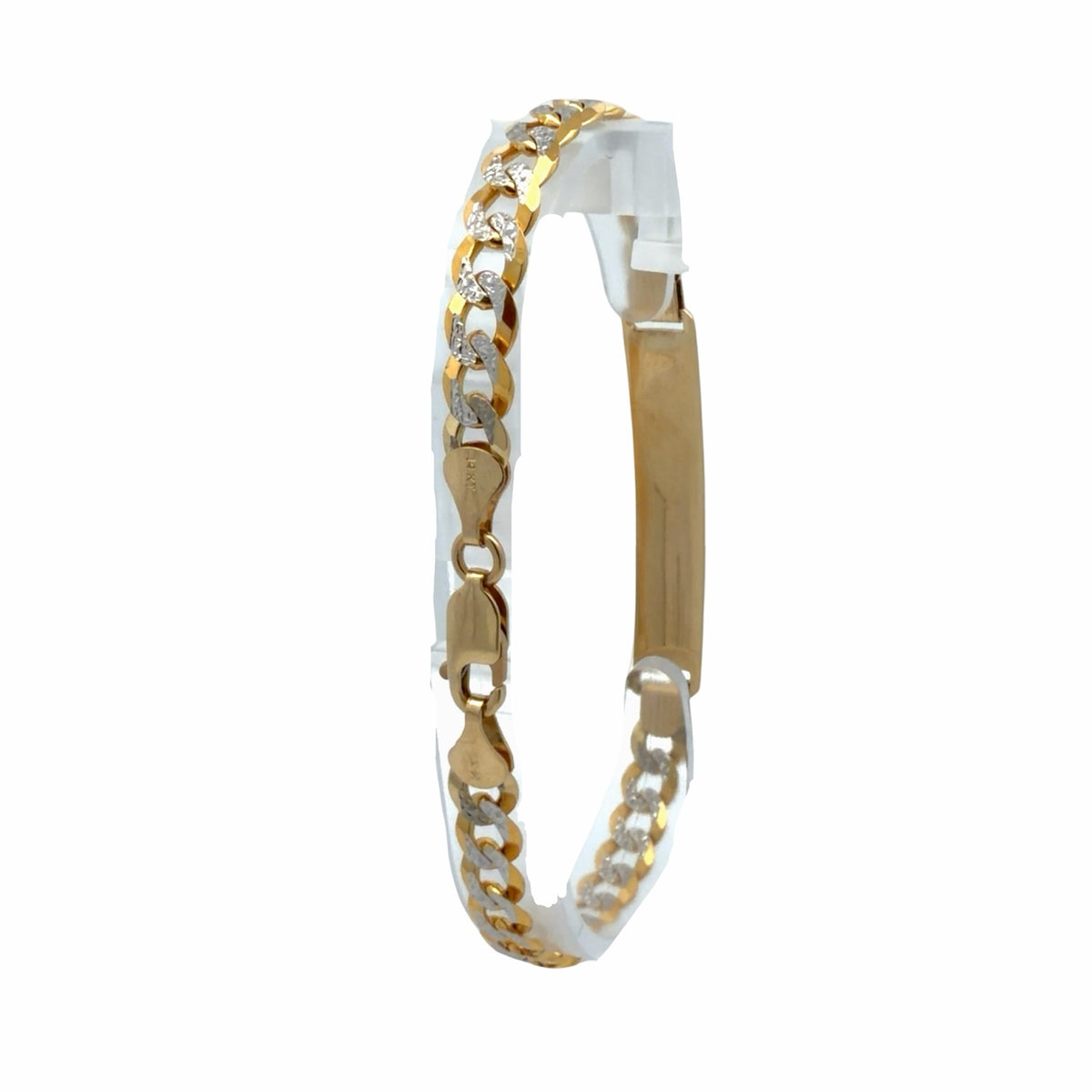 14k yellow and white gold ID bracelet showing lobster clasp, ID plate and textured curb links, side view