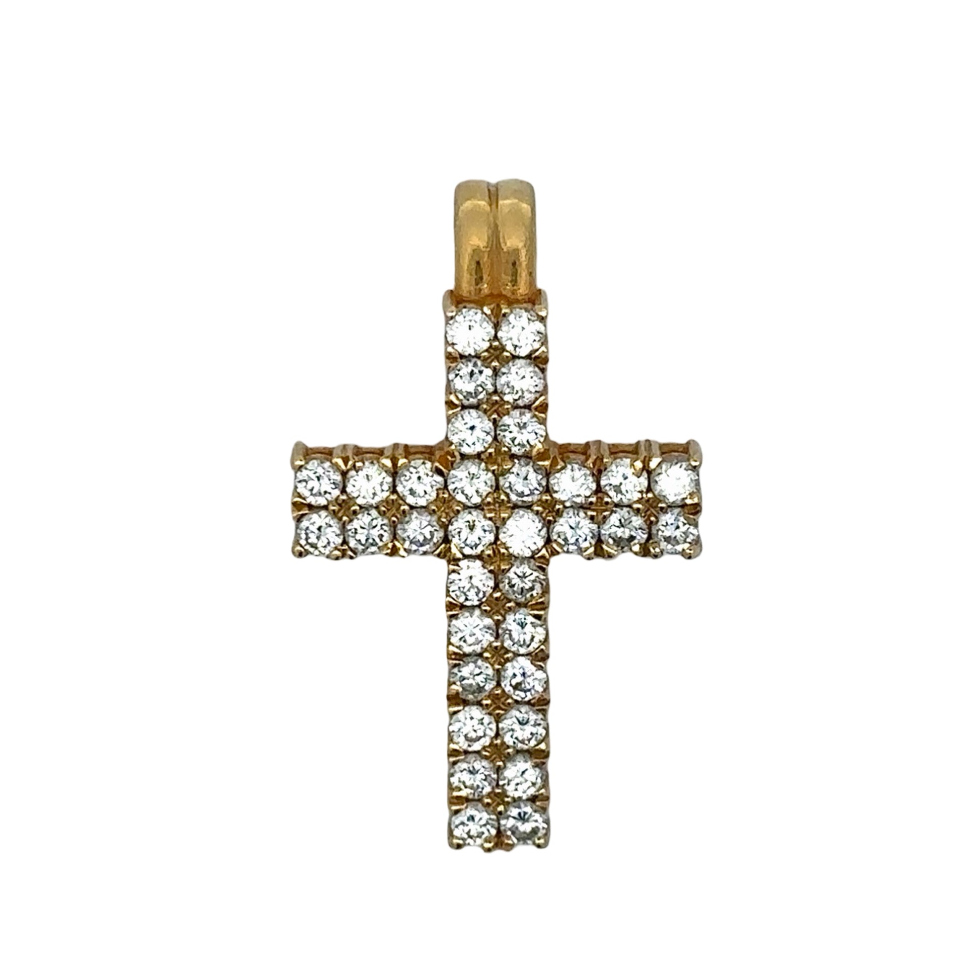 Gold cross pendant with round diamonds on a white background