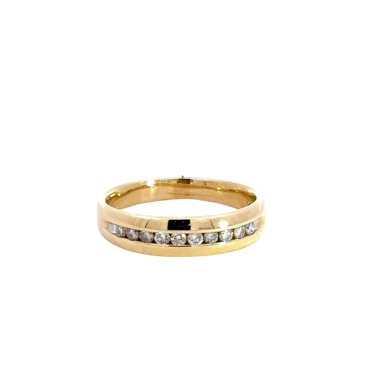 Front of yellow gold diamond band ring with 10 round diamonds on half the band