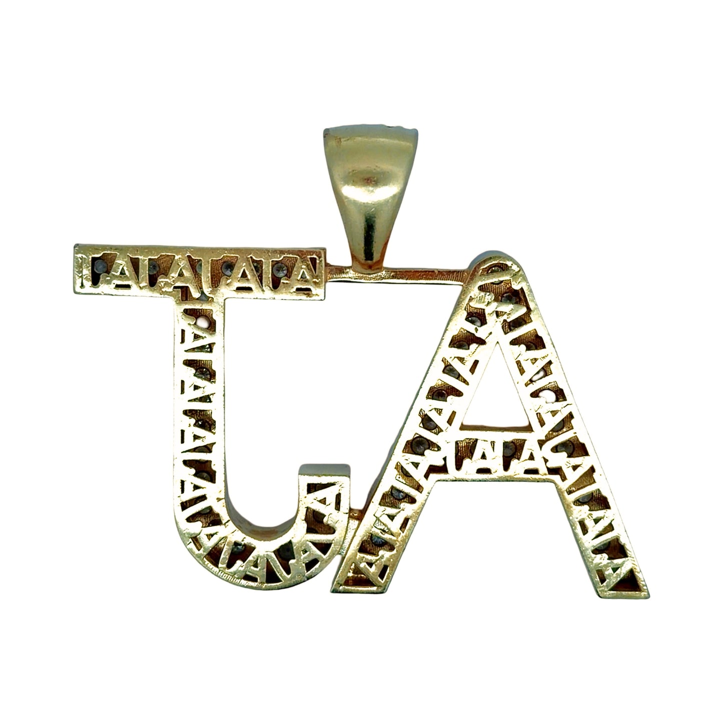 Back of yellow gold AJ pendant with "AJ' throughout back of gold