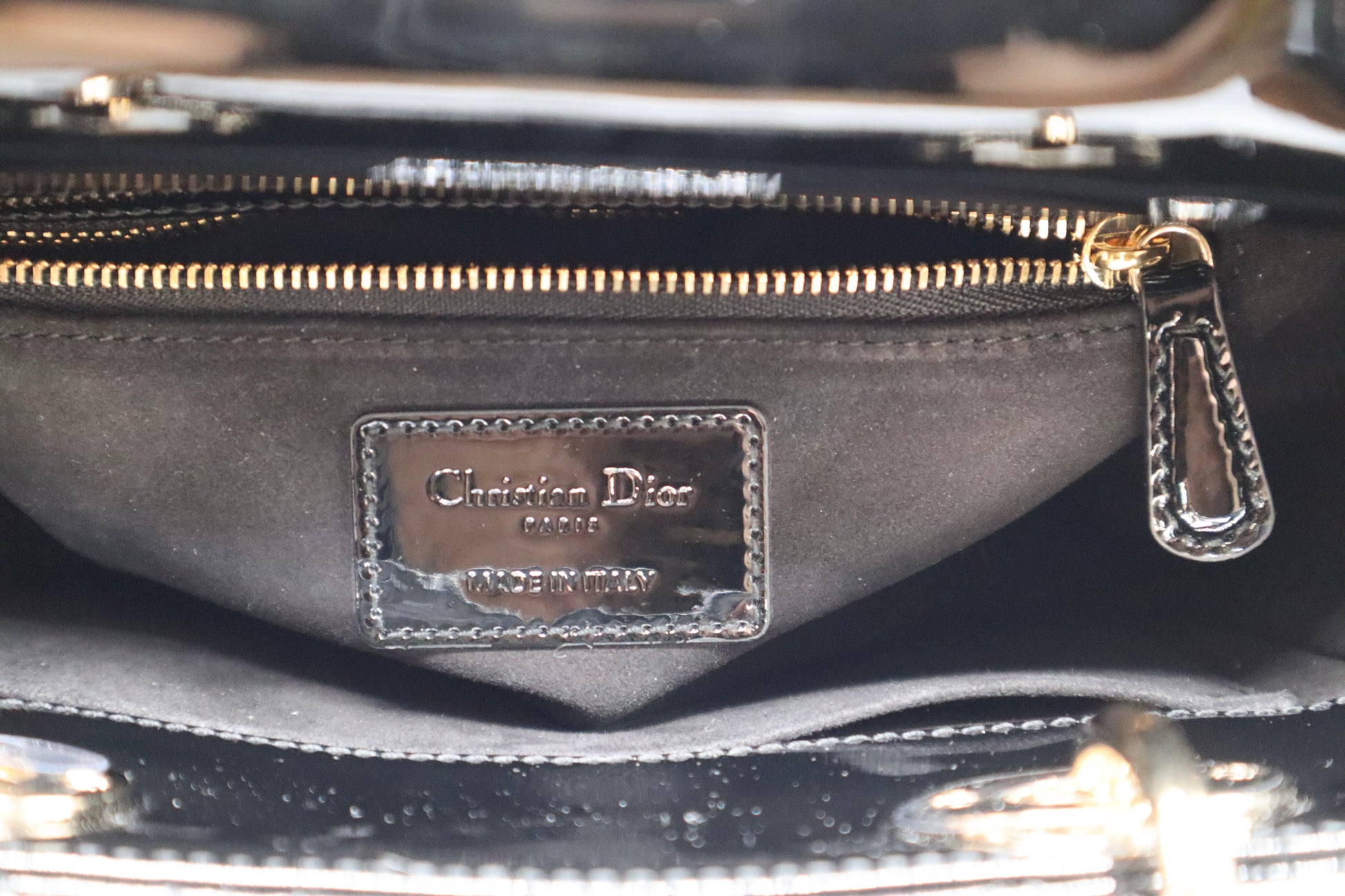 Christian Dior label inside of the small Lady Dior bag.