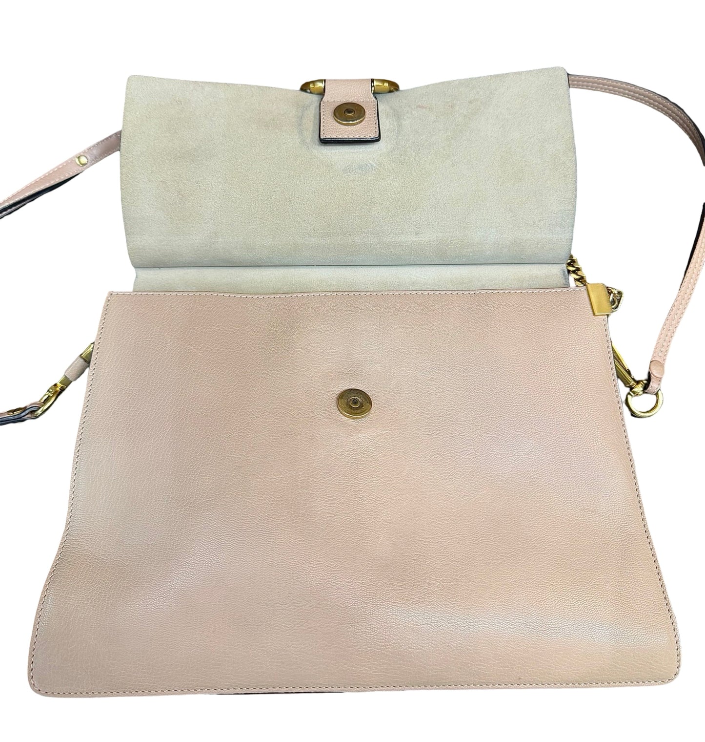 Open leather shoulder bag with a large beige leather front flap and a beige suede flap, featuring gold-tone hardware and a matching shoulder strap.