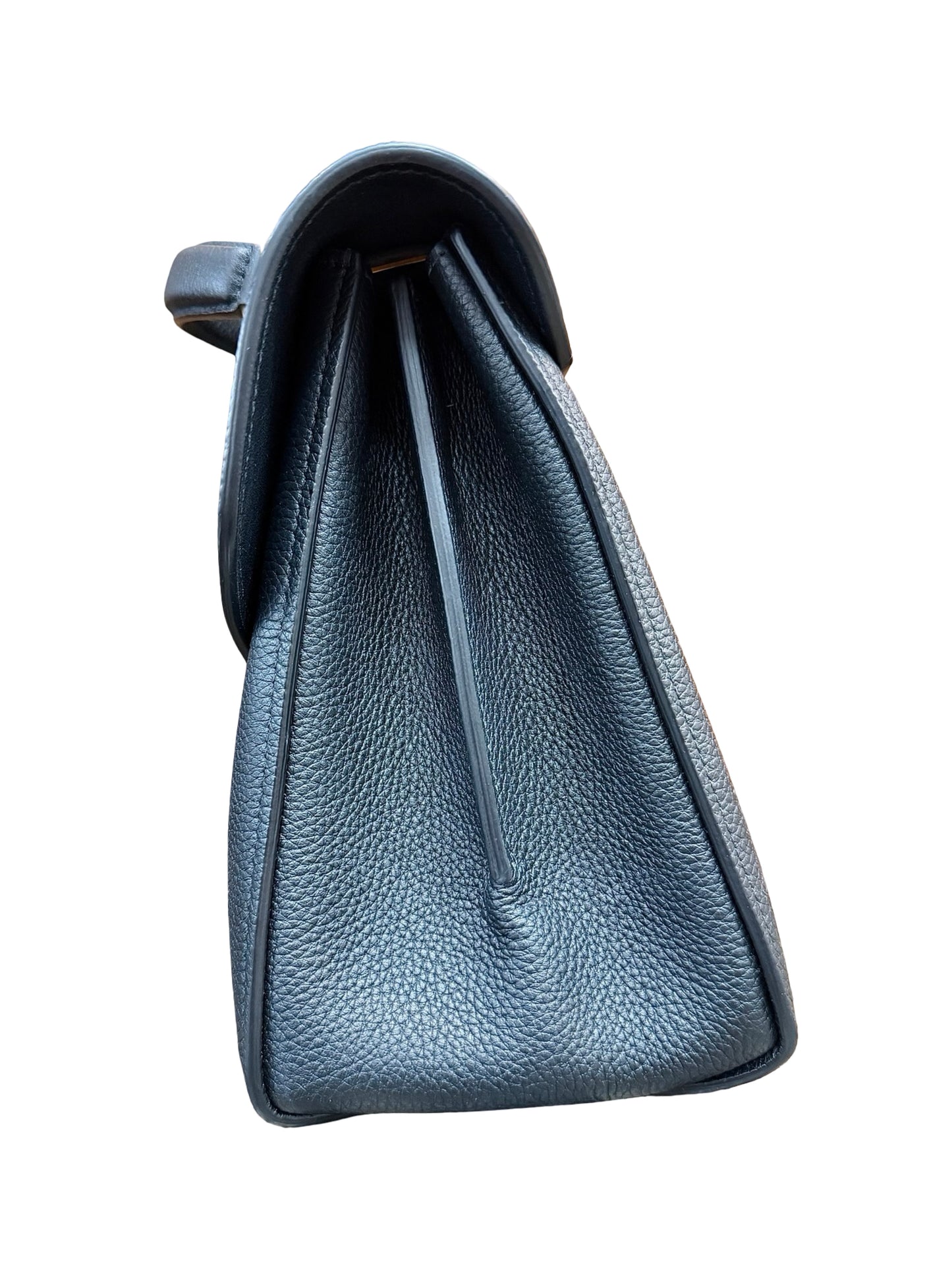 Black pebbled leather handbag shown from a side profile view against a plain white background.