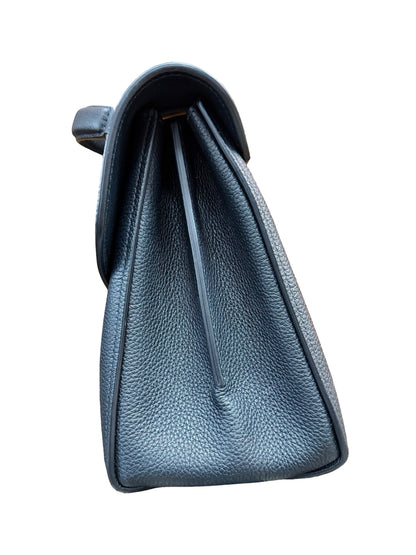 Black pebbled leather handbag shown from a side profile view against a plain white background.