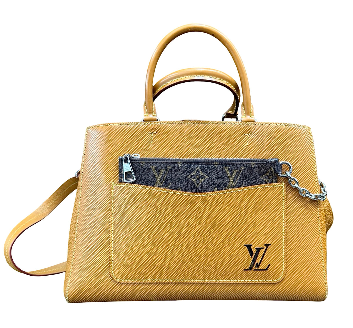 A Louis Vuitton brown epi leather handbag with a brown monogram chain wallet in the front pocket and silver-tone hardware, shown on a plain white background.