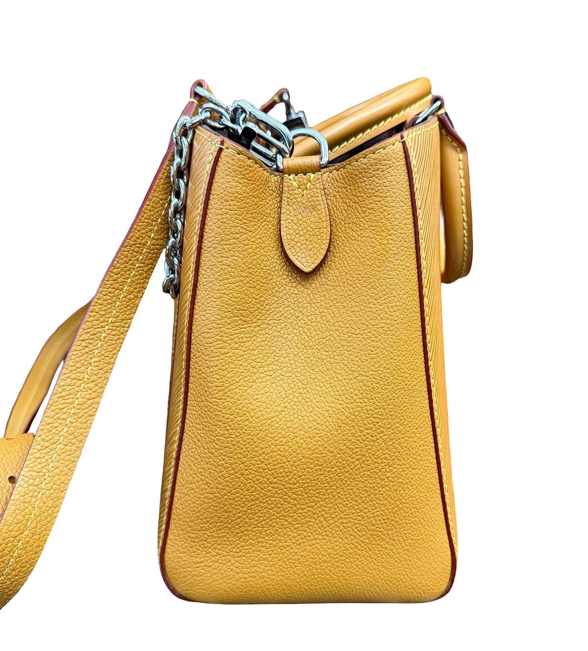 A brown epi leather shoulder bag with a matching shoulder strap, a silver-tone chain detail shown against a plain white background.