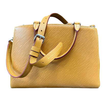 A structured brown epi leather handbag with a top handle, shoulder strap, and silver-tone hardware, shown against a plain white background. The strap is misshaped at the end.