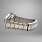 Silver watch with a detailed band on a gray background