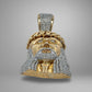 Gold pendant with diamond accents on a gray background
