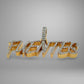 Gold and diamond-encrusted word pendant "FUENTES" on a gray background