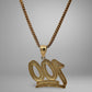 Gold '100' pendant on a chain against a gray background