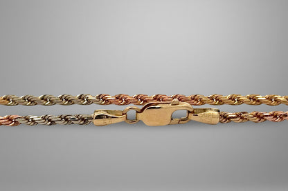 Yellow gold, rose gold, & white gold rope chain with 14K yellow gold clasp