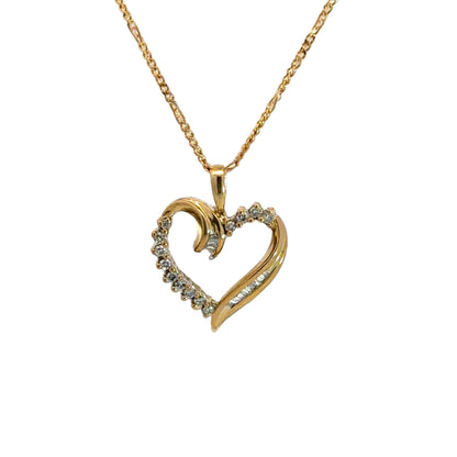 front of yellow gold diamond heart necklace with open gold
