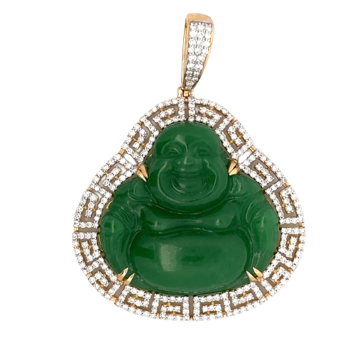 Front of the diamond and jade buddha pendant. Diamonds surround the green jade buddha.