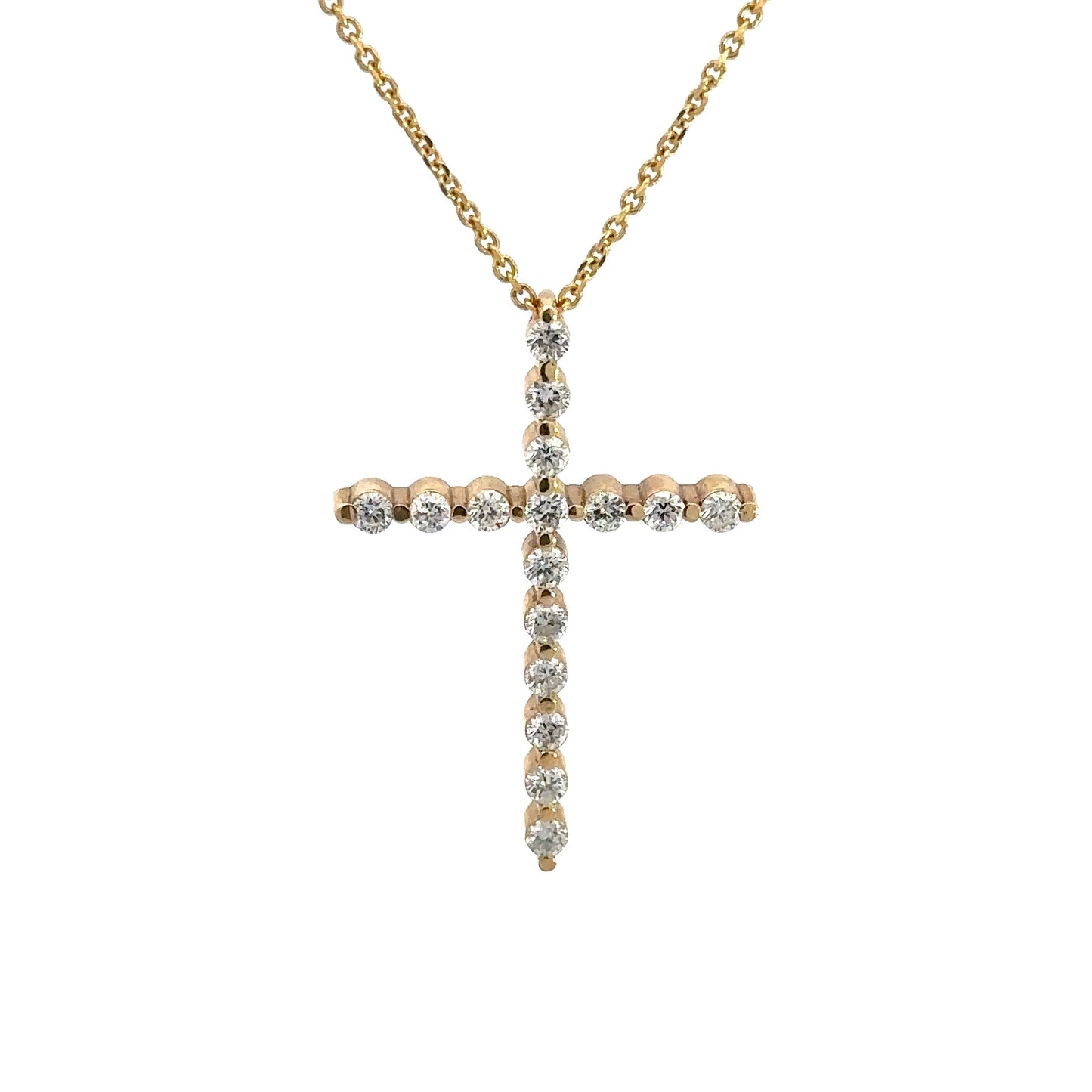 Front of diamond cross necklace with 16 round diamonds