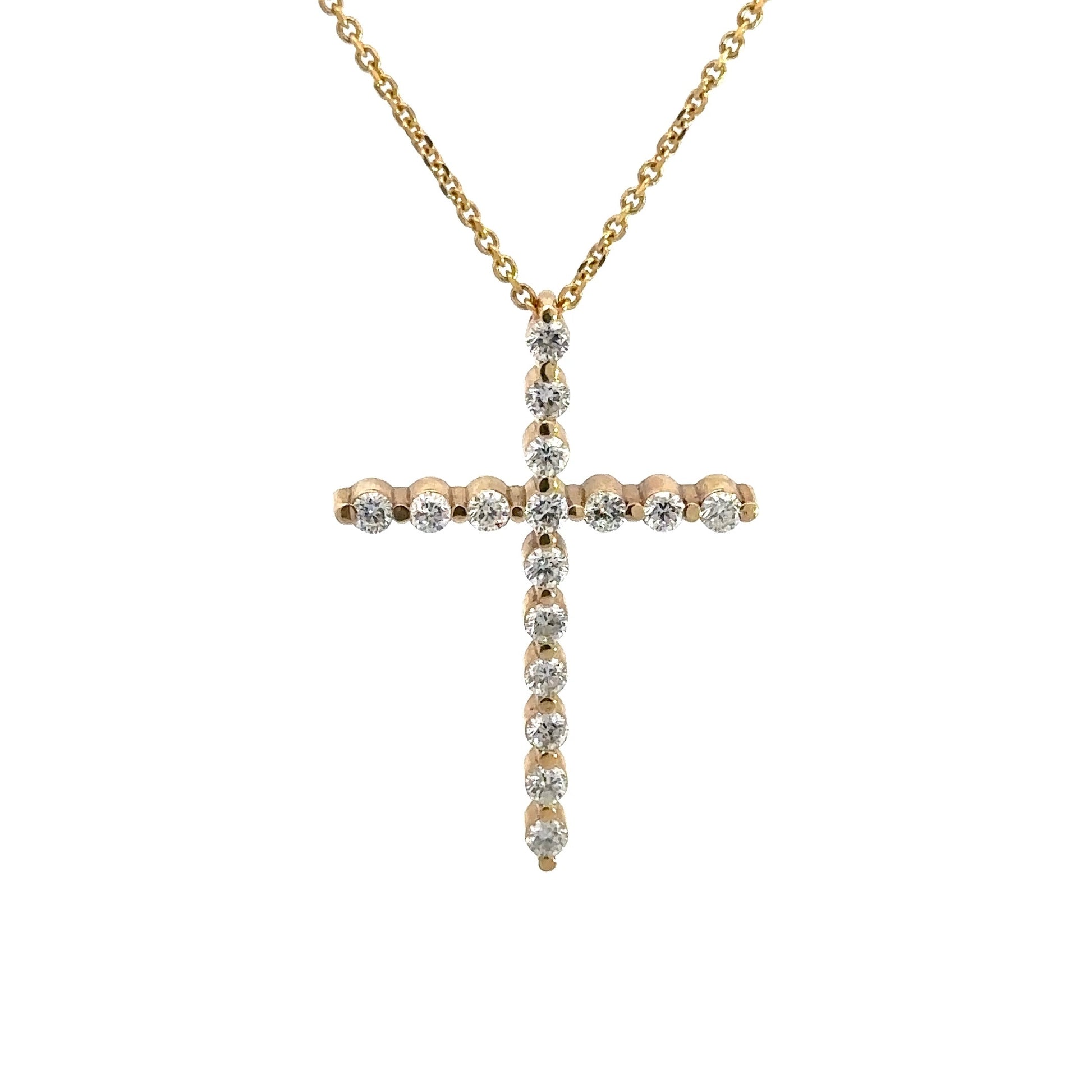 Front of diamond cross necklace with 16 round diamonds