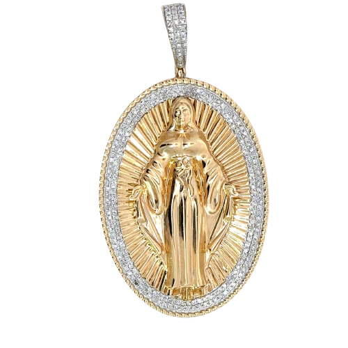Front of the Mother Mary pendant. 2 rows of Diamonds on the outside and on barrrel. 