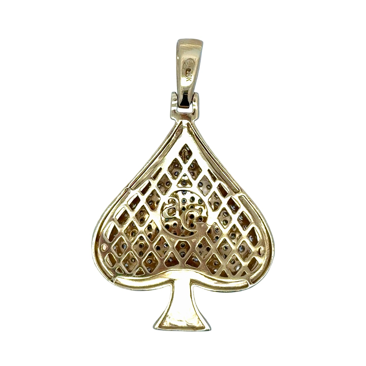 Back of gold ace of spades pendant with ag stamp and 10K stamp on white background