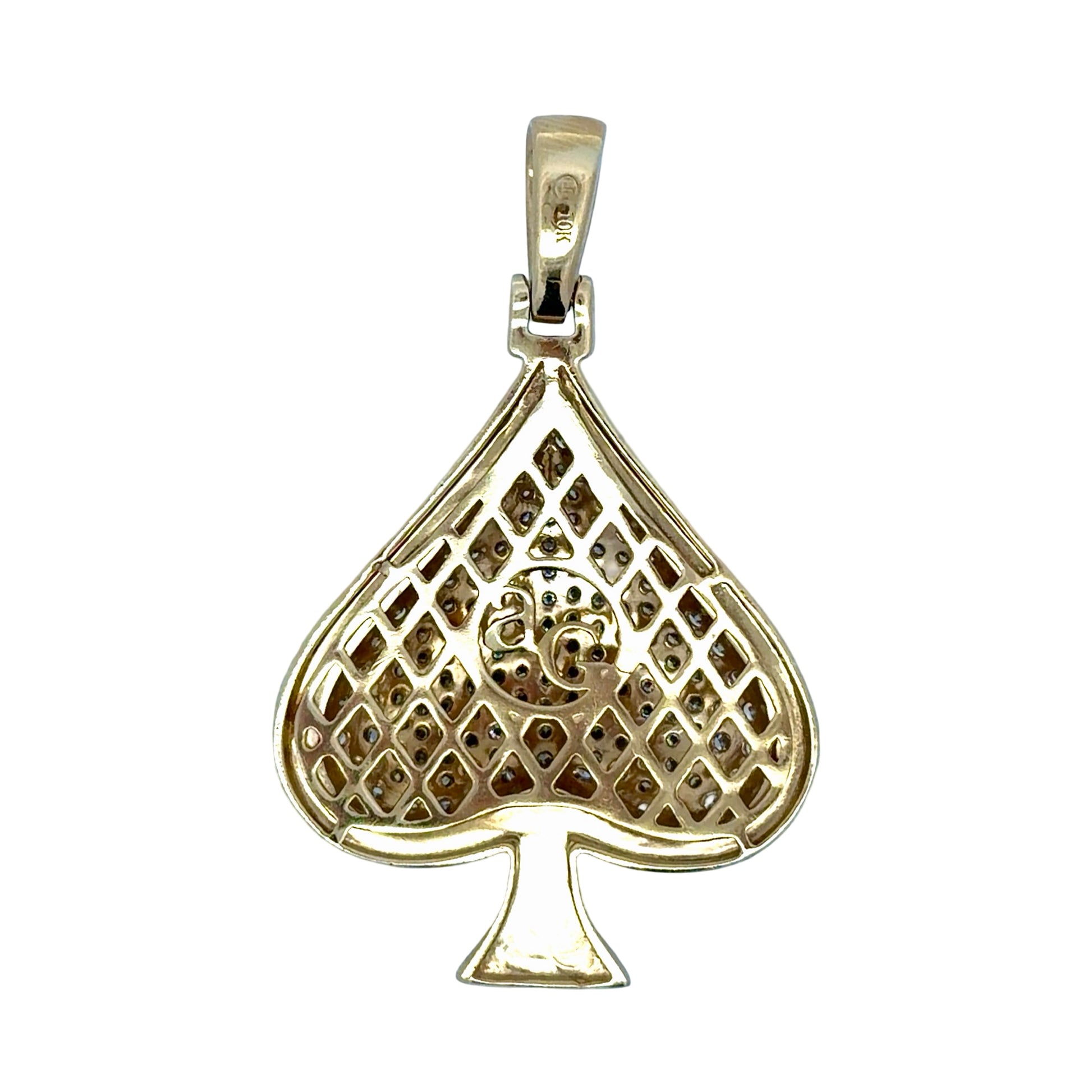 Back of gold ace of spades pendant with ag stamp and 10K stamp on white background