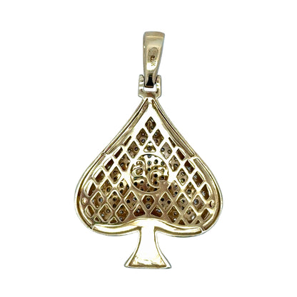 Back of gold ace of spades pendant with ag stamp and 10K stamp on white background