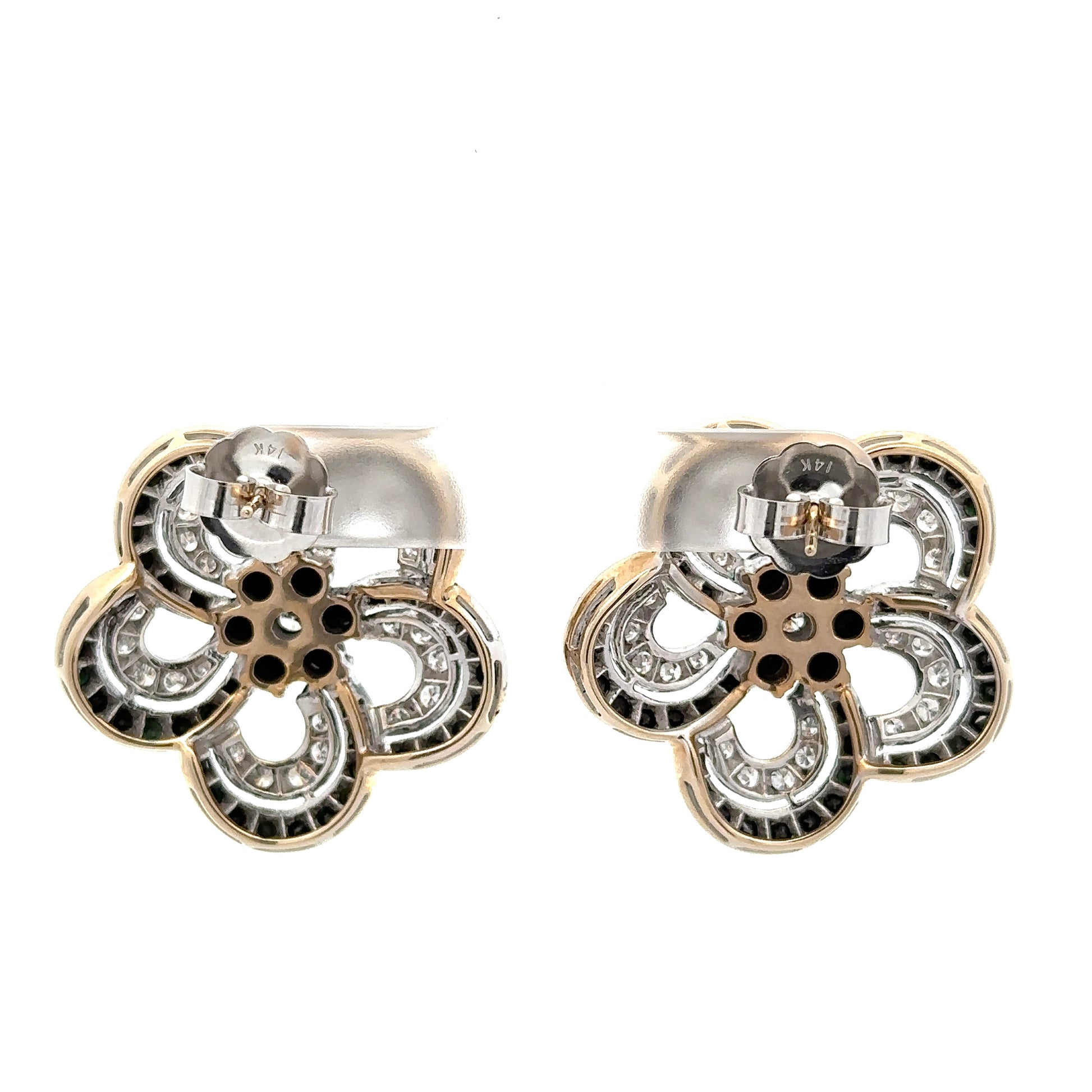 back of white gold diamond flower earrings with 14K stamp on pushbacks