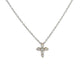 front of mini white gold diamond cross necklace with 6 small round diamonds