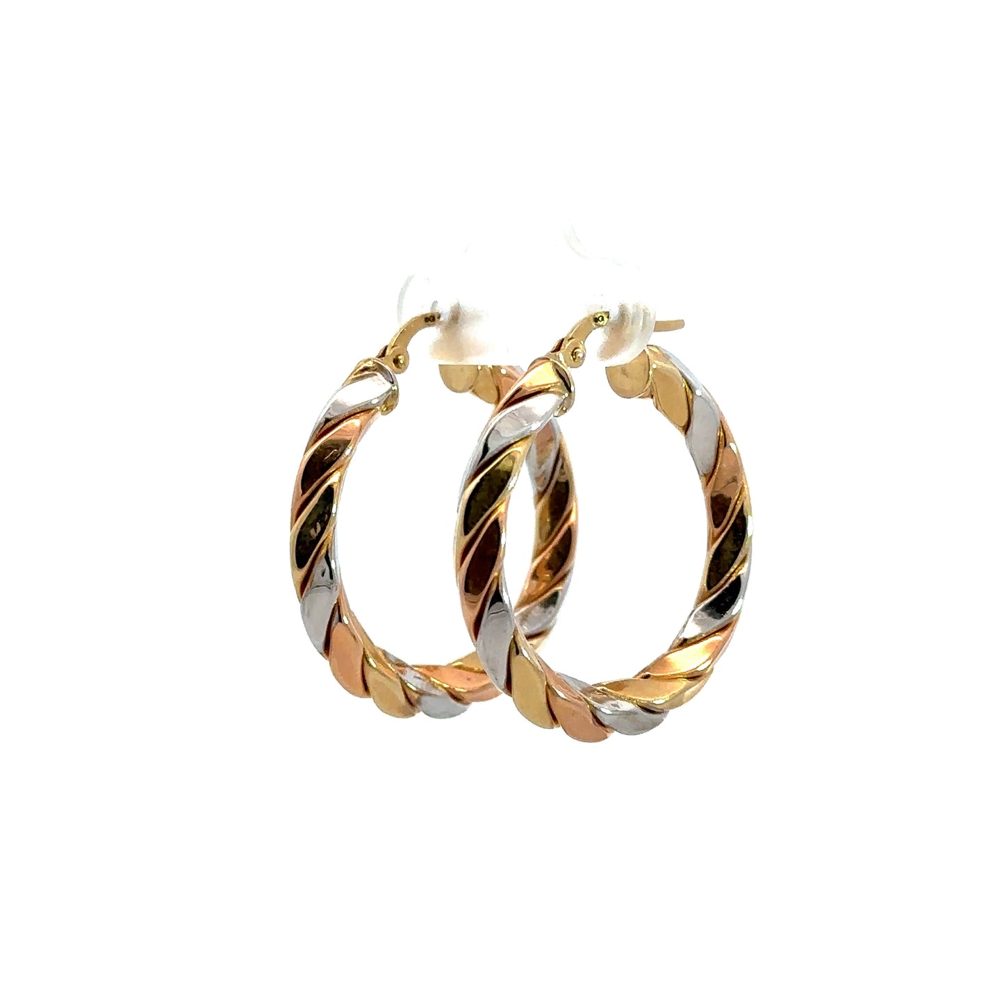 Diagonal view of tri-color gold hoops
