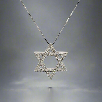 front of star of david necklace on thin white gold chain and white gold star