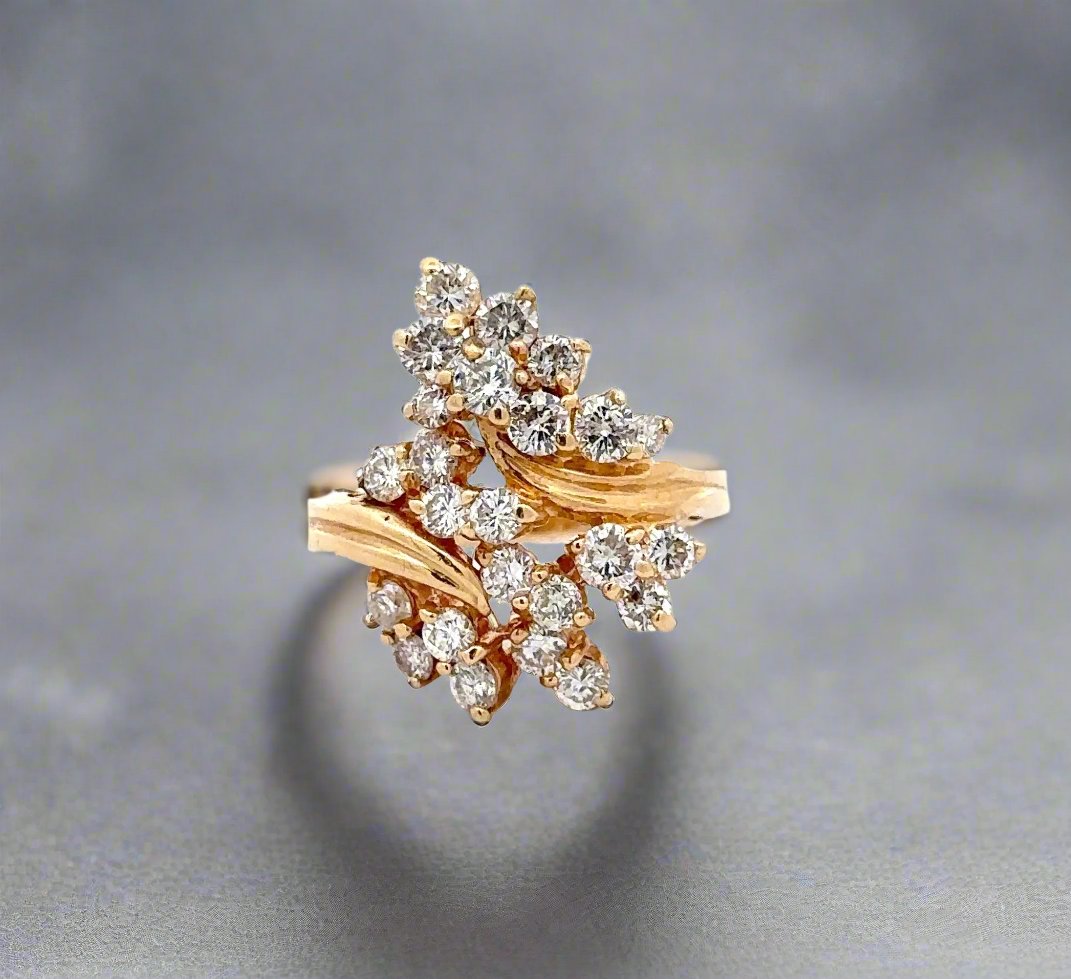 Front of diamond cluster yellow gold ring