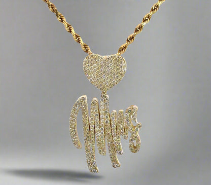Front of yellow gold diamond Mrs. pendant with a heart and rope chain