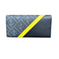 Front of wallet with grey textur + FF motif, yellow stripe, + black leather